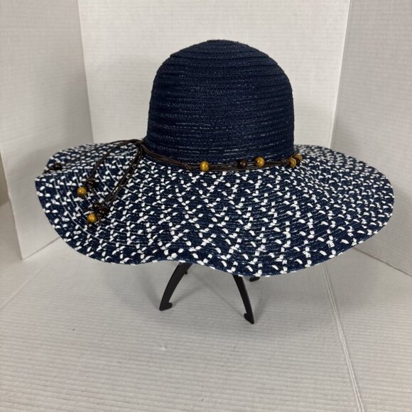 Fashion Hat Wide Brim Woven Sun Hat Beaded String Band Blue NWT 9039 - Picture 15 of 16